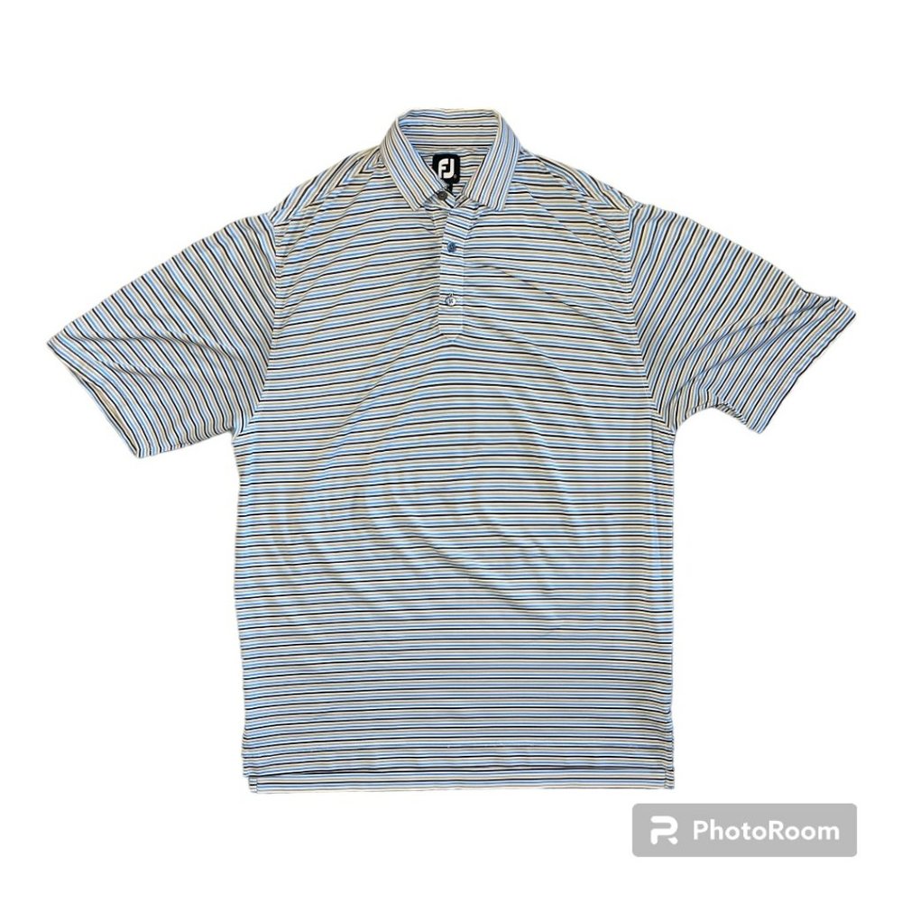 Footjoy Men's Blue, Beige & Black Striped 3 Button Polo, Size M